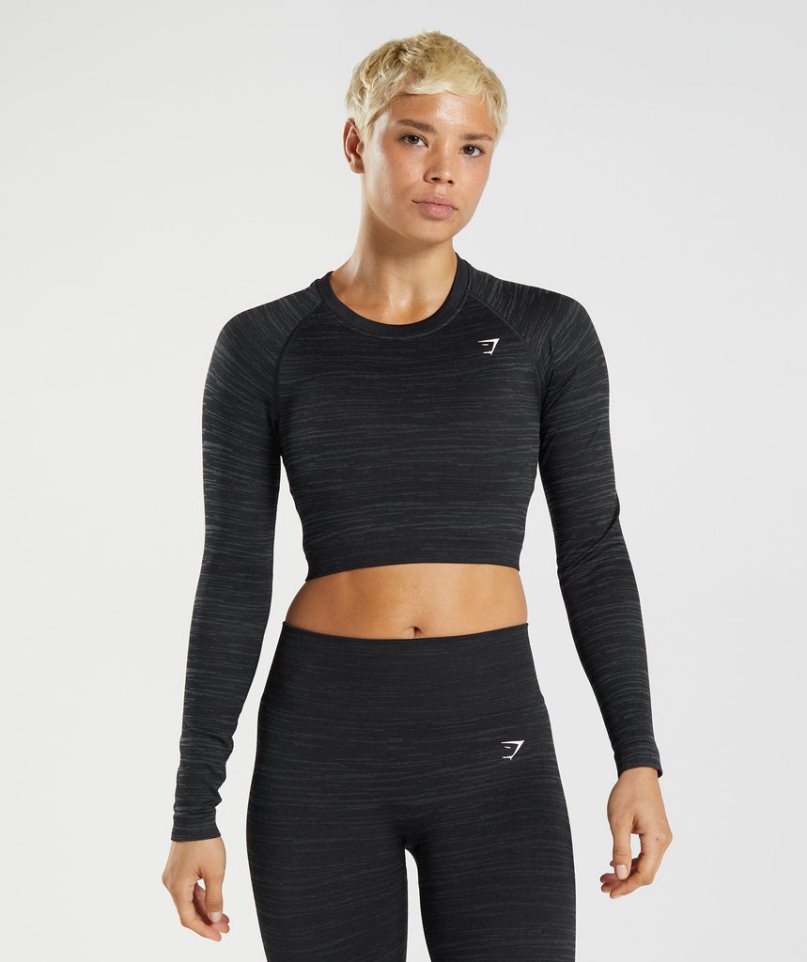 Women\'s Gymshark Adapt Marl Seamless Long Sleeve Cropped Tops Black | CA A63781